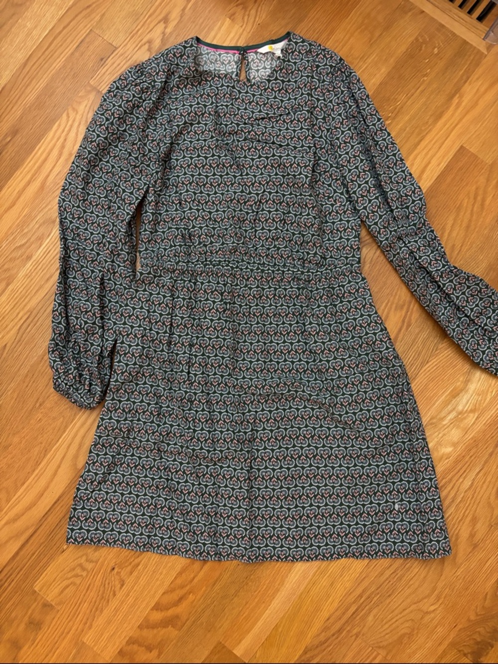 Boden Long-Sleeve Geometric Print Dress in Teal and Pink